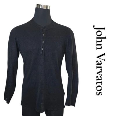 Camisa de manga larga John Varvatos Henley de lino tejida negra para hombre talla M Foto 1 de 4