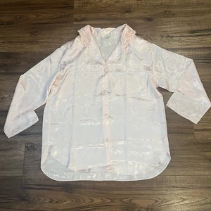 La Vie En Rose Satin Button Down Floral Pink Collared Shirt Lace Coquette XL - Picture 1 of 10