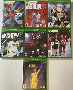7 Xbox One X GAME SPORTS LOT Show 21 22 WWE 2K22 UFC 2 NHL 23 KOBE MAMBA 2K21 - Picture 1 of 3