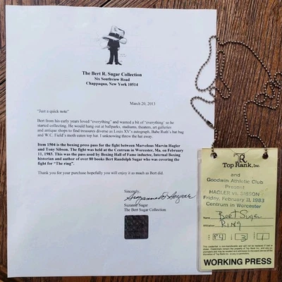 RARE Vintage 1983 Marvin Hagler vs Sibson Press Pass of Boxer Bert Sugar Boxing - Image 1 of 4