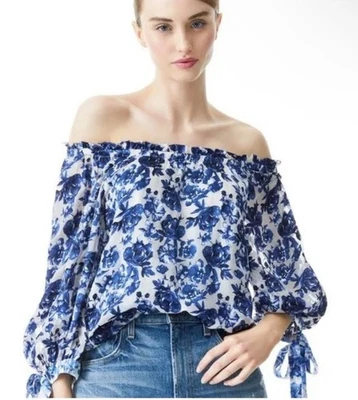 Blusa Top Alice + Olivia Alta Talla M Mujer Azul Floral Mezcla Seda Hombro Descubierto Foto 1 de 4