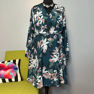 City Chic Merinna Long Sleeve Wrap Dress NEW 20 Green Luna Floral - Image 1 of 4