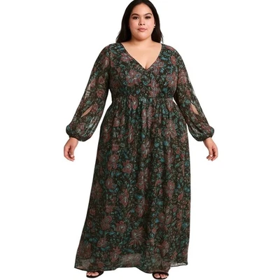 ModCloth Women 2X Metallic Multicolor Floral Print Long Sleeve Maxi Dress Pocket - Image 1 of 4
