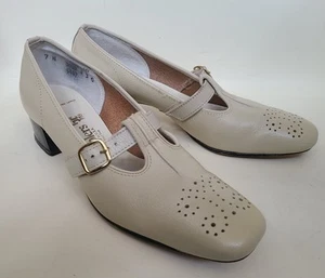 Vintage California Cobblers T-Riemen Mary Jane elfenbeinfarbene Lederschuhe (7 N) klobiger Absatz - Bild 1 von 23