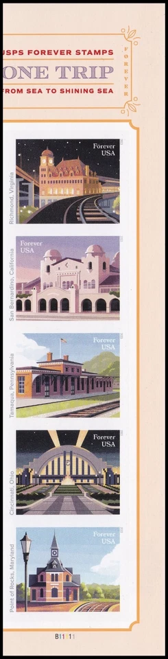 US 5758a-5762a 5762c Railroad Stations imperf NDC plate strip 5 R MNH 2023 - Image 1 of 1