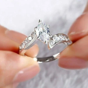 2.30 Ct Marquise Lab Created Solitaire Bypass Wedding Ring 14K White Gold Finish - Picture 1 of 7