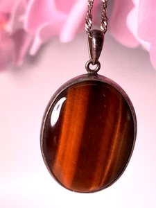 Vintage 925 Sterling Silver Pendant Necklace Tiger's Eye Stone 17.75g - Picture 1 of 8