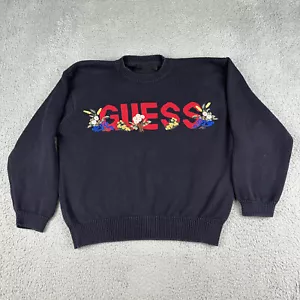 Vintage Guess Sweater Adult Medium Black Spell Out Flowers Embroidred 90s - Picture 1 of 7