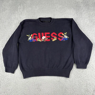 Vintage Guess Sweater Adult Medium Black Spell Out Flowers Embroidred 90s - Image 1 of 4