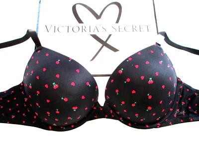 VICTORIA'S SECRET PINK Super Push-Up Bra VS Black Red Cherry Heart 34A 34B 34C - Image 1 of 4
