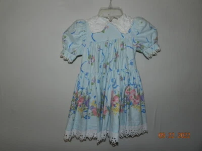 Vtg DAISY KINGDOM Blue Floral Full circle skirt Dress 2T-3T? Puff Sleeve Factory - Image 1 of 4