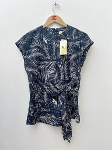 Michael Kors Faux Wrap Palm Top Navy White Belted Waist Blouse Holiday Womens XS - Picture 1 of 14