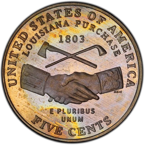 PR66DCAM 2004-S 5C Jefferson "Peace" Proof Nickel, PCGS- Rainbow Album Toned Cover