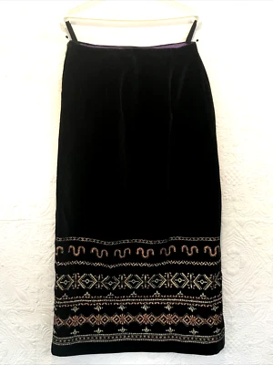 Vintage 60s Velvet Black Maxi Skirt Copper Thread Design Lined - Image 1 of 4