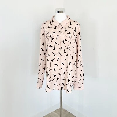 Karl Lagerfeld Paris Blouse Womens XL Pink Black Eiffel Tower Print Button Up - image 1 of 4