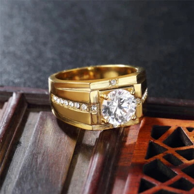 男式女式银色不锈钢 CZ 石戒指带婚礼礼物尺寸 7-12 — 第 1/4 张图片