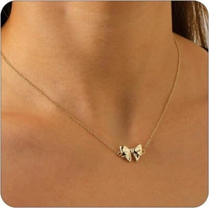 Gold Bow Necklace for Women Girls,Dainty Bow Pendant Necklace Ribbon Choker Bow - Picture 1 of 7