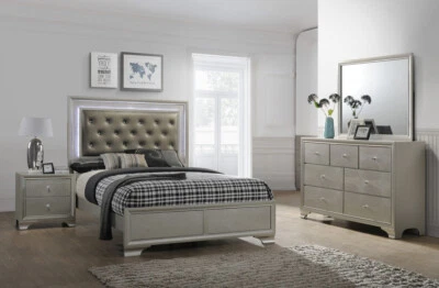 NEW LED Champagne Gold 4PC Queen King Twin Full Modern Chic Bedroom Set B/D/M/N - Image 1 of 4