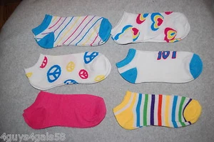 Womens 6 PR LOT Ankle Socks PINK AQUA Stripes PEACE SIGNS Hearts SHOE SIZE 4-10 - Picture 1 of 1