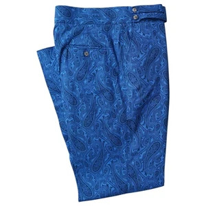Mens 36 Gurkha Pants Blue Paisley Cotton Flat Front Straight Handmade Trousers - Picture 1 of 8
