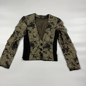 Bruno Duluc Crop Jacket Women M Beige Black Mesh Flower Long Sleeve Button Front - Picture 1 of 6