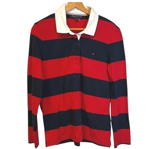 Tommy Hilfiger Large Herren rot marine gestreift Langarm Rugby Shirt Preppy - Bild 1 von 4