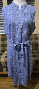 LL Bean Womens Button Up Linen Dress Sz 14 Blue Floral Sleeveless Pintuck Belt - Picture 1 of 21