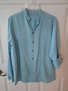 Caribbean M Turquoise Blue Linen Blend Button up relaxed beachy Top long sleeve - Picture 1 of 8