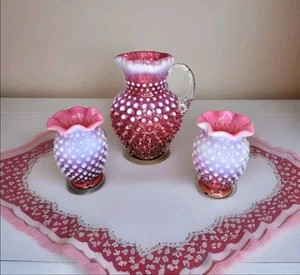 Vintage Fenton Cranberry Opalescent Glass Hobnail Pitcher & 2 Vase Set - Ruffled - Picture 1 of 24