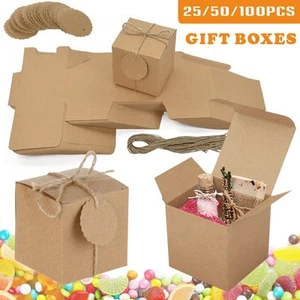 ECO KRAFT Small Square Natural GIFT BOXES Wedding Favour | Includes String/Tags - Picture 1 of 15