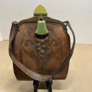 Antique 1920's Meeker Made Hand Tooled Floral Leather Petite Handbag Art Nouvea - Picture 1 of 19