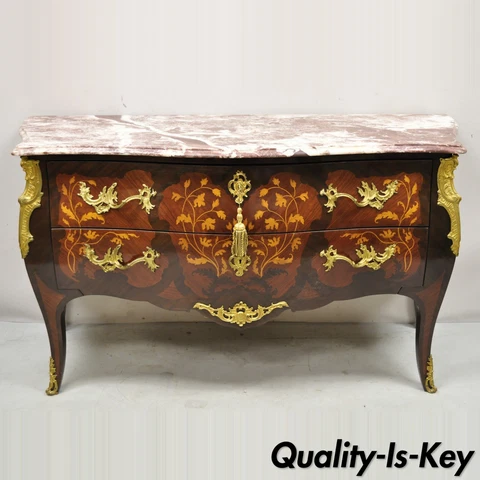 French Louis XV Style Marble Top Bombe Commode Dresser Bronze Ormolu Cover
