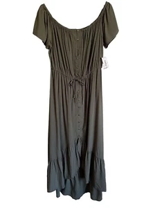 New! Indigo Rose Green Button Front Midi Hi Lo Off the Shoulder Dress Size Large - Picture 1 of 11