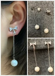 High Quality Silver Zircon Crystal Bow Shell Pearl Drop Dangle Clip On Earrings - Picture 1 of 4
