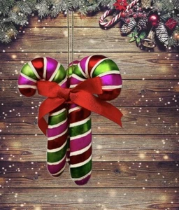 Glass Triple Candy Cane Swirl Christmas Red Green Purple  Glitter 4” Ornament - Picture 1 of 5