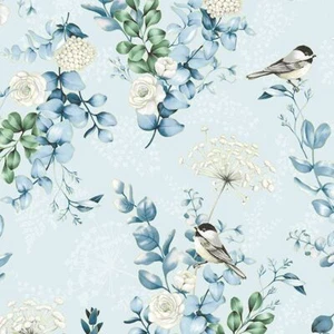 Fabric Chickadee Cheer by Designer Stof 3902-932 Birds Light Blue