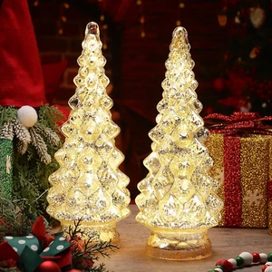 2 Pcs 12.6 Inch Lighted Glass Christmas Tree Figurine Battery Operated Glass Chr - Picture 1 of 6