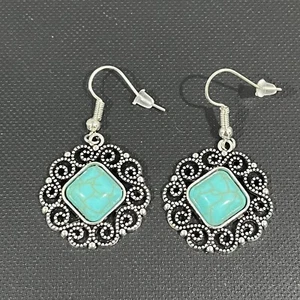 Antique Look Silver Tone Boho Dangle Drop Hook Earrings With Turquoise - Picture 1 of 3