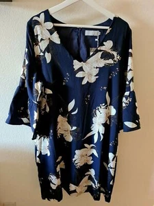 BELONGSCI Womens V-Neck Bell Sleeve Shift Dress Mini Dress Navy Size X-Large NWT - Picture 1 of 6