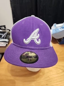 Atlanta Braves Hat Cap 7 3/8 New Era 59Fifty Purple Gray Fitted Baseball MLB - Picture 1 of 8