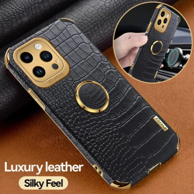 Crocodile Leather Case For iPhone 13 12 11 Pro Max XS XR 8 7+ Plating Ring Cover - Image 1 of 4