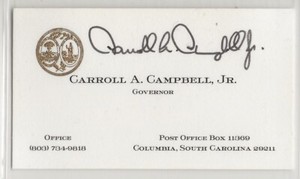 Carroll Campbell, former South Carolina Governor signed political business card 