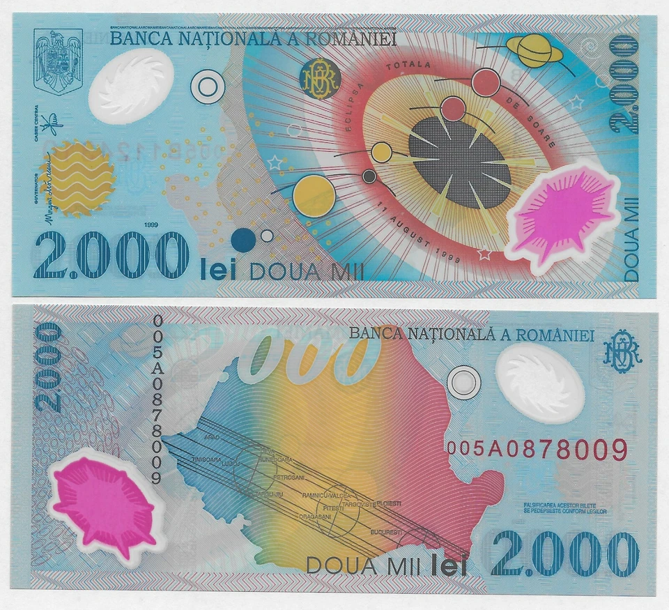 ROMANIA 2,000 LEI 1999 BU IMAGINATIVE REPRODUCTION OF THE SOLAR SYSTEM AT RIGHT, - Image 1 of 1