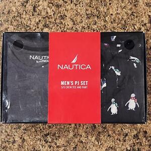 Men's Nautica PJ Pajama Set Short Sleeve Top Black Penguin Bottoms Fathers Day