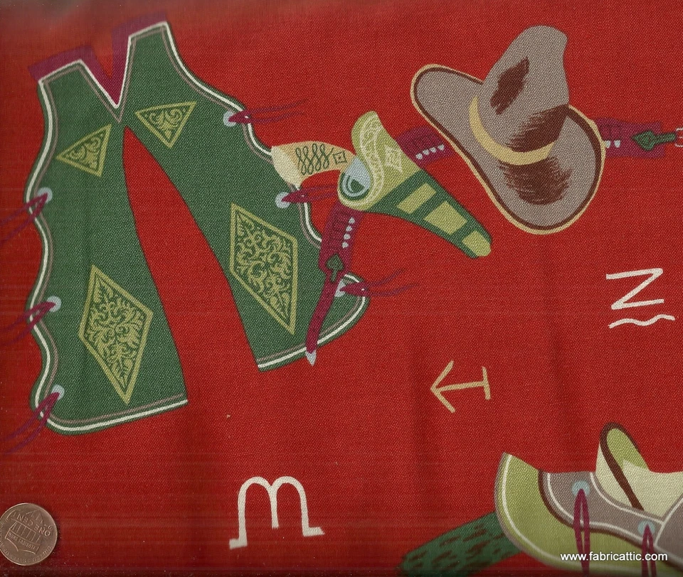 Stackhouse Ranch red cowboy hats boots chaps brands Alexander Henry fabric 28 in - Image 1 of 1