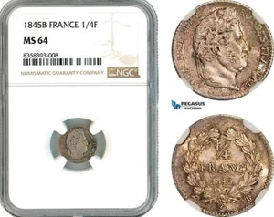 AK459, France, Louis Philippe I, 1/4 Franc 1845 B, Rouen Mint, Silver, NGC MS64 - Picture 1 of 1