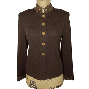 St. John Evening 2-teiliges Set 2 braungold verziert Blazer Jacke Hose Set Wolle - Bild 1 von 12
