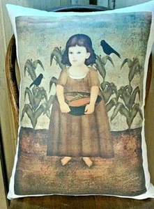 VOLK VINTAGE PRIMITIV ANTIK STIL SOMMER HERBST MAIS KIND KRÄHE BAUERNHOF KISSEN - Bild 1 von 6