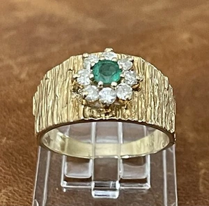 1979 Vintage 14k Yellow Gold Diamond & Emerald flower Ring Cigar Band Size 8.25 - Picture 1 of 18