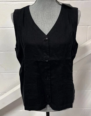 Eileen Fisher Black Organic Linen V-Neck Button Front Sleeveless Vest Size M NWT - Image 1 of 4